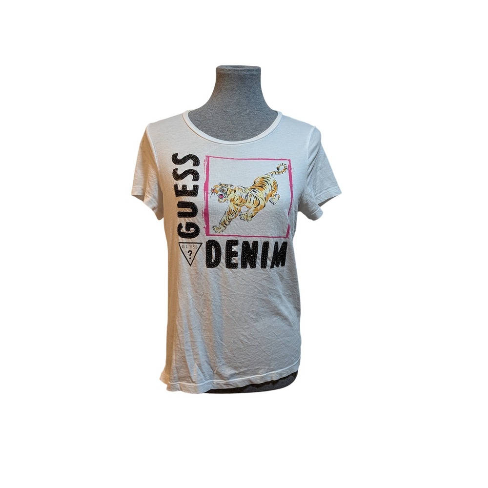 GUESS Denim L Tiger White Large Logo Graphic T-Shirt Animal Print Sequins Casual - Picture 3 of 7